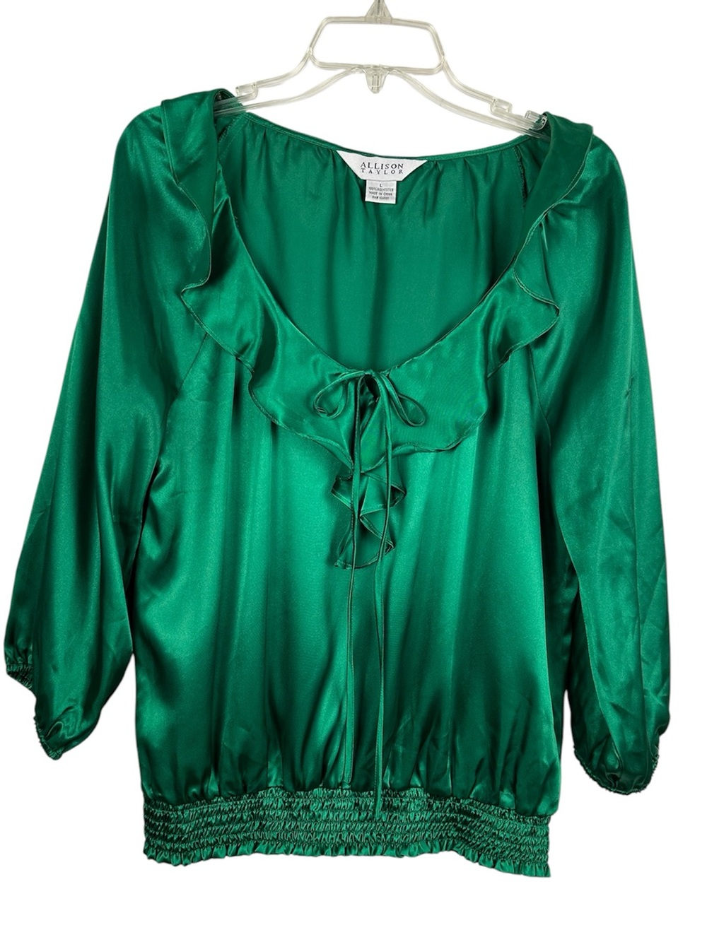 Allison Taylor Emerald Green Satin Blouse Size L Ruffle Tie Neck Peasant Top